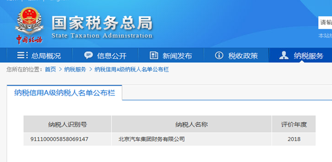 公司獲得2018年納稅信用級(jí)別A級(jí)評(píng)價(jià)